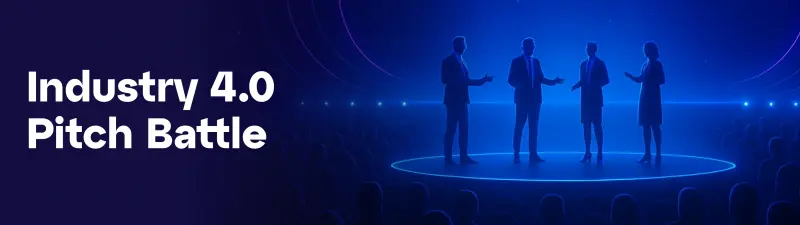 A dark, futuristic image showing four silhouetted figures on a circular, neon-blue lit stage, with an audience in the foreground and the text "Industry 4.0 Pitch Battle" on the left.