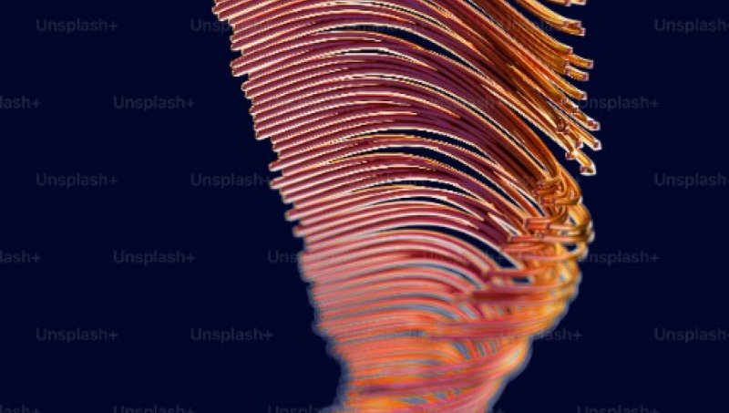 The image shows a three-dimensional abstract structure, consisting of many parallel, curved lines of orange and red hues, twisting upwards against a dark blue background.