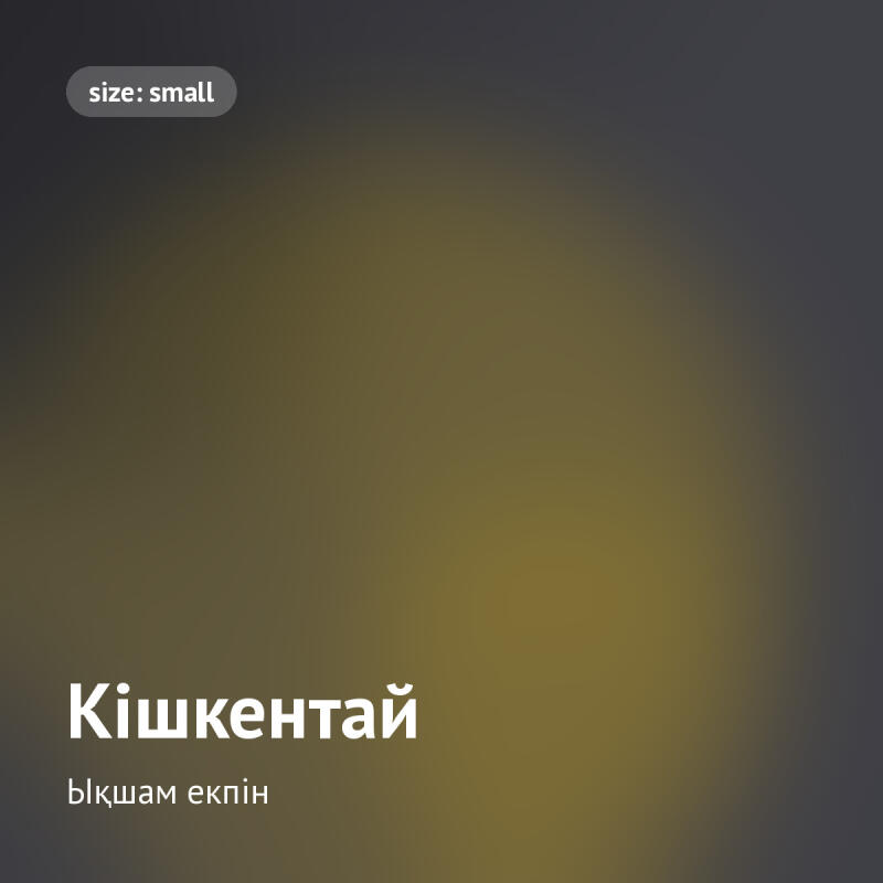 Размытый градиентный фон, переходящий от темно-серого к желтовато-коричневому, с текстом 'size: small' в верхнем левом углу и 'Кішкентай' с 'ықшам екпін' под ним в нижнем левом углу.