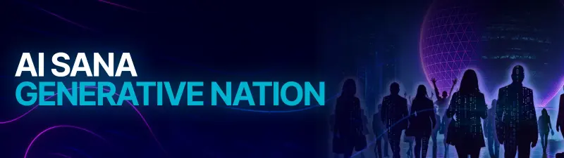 A dark blue and purple banner features the text 'AI SANA' in white and 'GENERATIVE NATION' in light blue. Silhouettes of people, some with digital patterns, walk towards a glowing purple grid-sphere and city lights in the background.