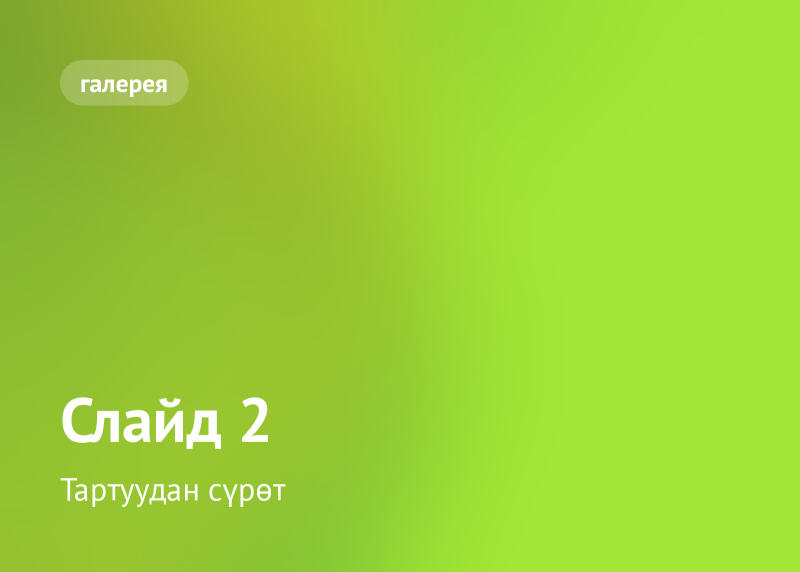 Градиентный фон салатового цвета с закругленной кнопкой, содержащей текст 'галерея', в верхнем левом углу. В центре слева расположен крупный белый текст 'Слайд 2', под которым находится 'Тартудан сурет'.