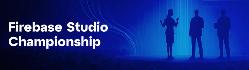 A dark blue banner with 'Firebase Studio Championship' in white text on the left, and abstract blue light lines behind silhouettes of three people on a stage with an audience in the background on the right.