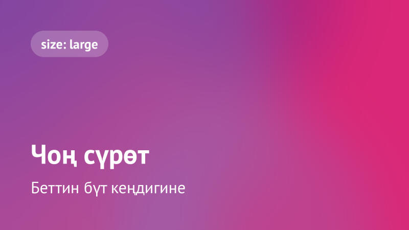 Фон с градиентом от фиолетового к розовому, в верхнем левом углу находится закругленный прямоугольник с надписью "size: large". Ниже отображен текст "Чоң сүрөт" и "Беттин бүт кендигине".
