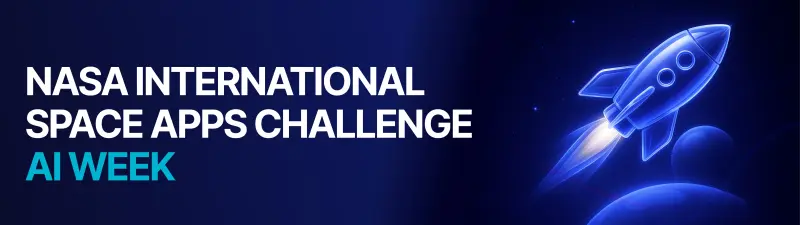 A dark blue banner features white text "NASA INTERNATIONAL SPACE APPS CHALLENGE" and light blue text "AI WEEK" on the left, with a glowing blue rocket launching past two planets on the right.