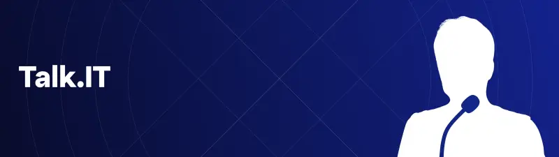 A dark blue background with subtle geometric lines features the white text 'Talk.IT' on the left and a white silhouette of a person speaking into a microphone on the right.