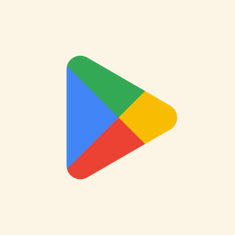 The image shows the Google Play Store logo, a play button-shaped icon divided into four colored sections: green, blue, red, and yellow, set against a cream-colored background.