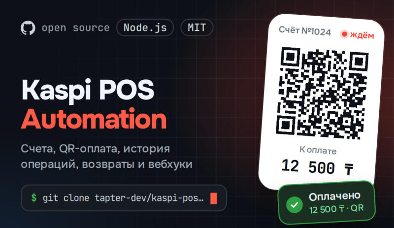 A dark background with a red grid pattern features "Kaspi POS Automation" in large white and red text, accompanied by "Счета, QR-оплата, история операций, возвраты и вебхуки", GitHub "open source", "Node.js", "MIT" badges, and a "$ git clone tapter-dev/kaspi-pos..." command. On the right, a white card displays a QR code, "Счёт №1024", "ждём", "К оплате", and "12 500 ₸", with a green "Оплачено 12 500 ₸ · QR" button below.