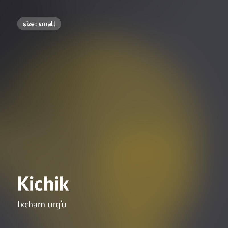 Размытый градиентный фон, переходящий от темно-серого к желтовато-коричневому, с серой надписью "size: small" в верхнем левом углу и белым текстом "Kichik" и "Ixcham urg'u" в нижнем левом углу.