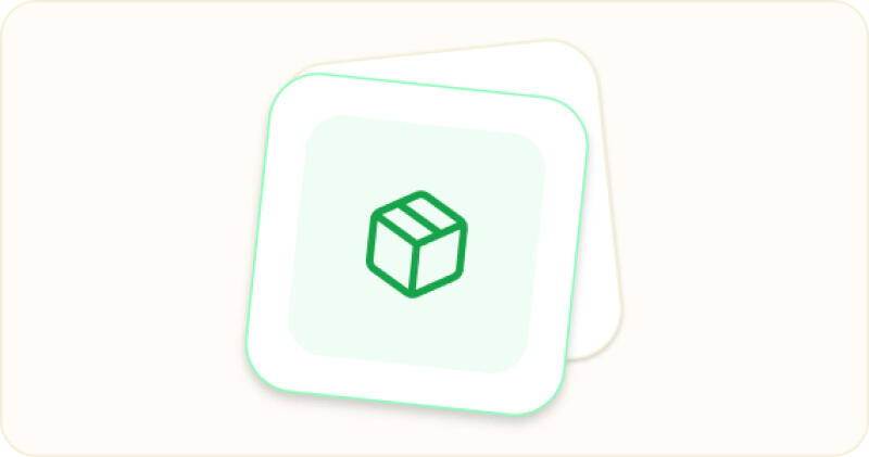 Two rounded square cards, one behind the other, the top card featuring a green box icon in the center.