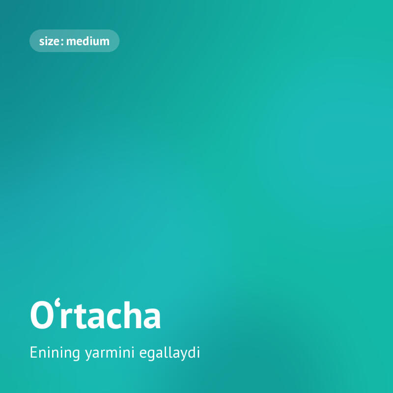 Градиентный фон бирюзово-зеленого цвета с текстом «size: medium» в закругленном прямоугольнике в верхнем левом углу и белым текстом «Oʻrtacha Enining yarmini egallaydi» в нижнем левом углу.