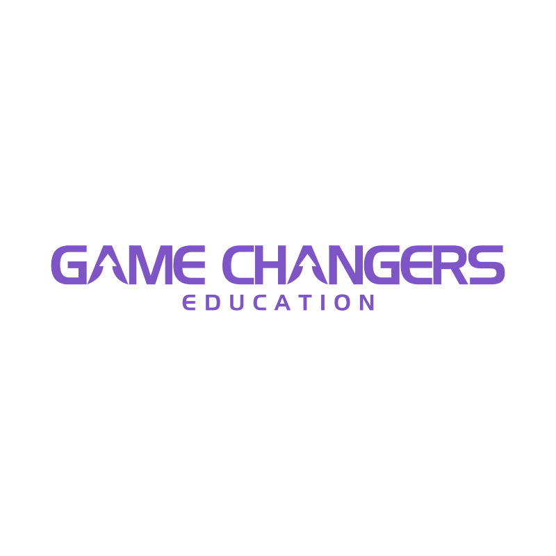 The image features the text "GAME CHANGERS" in a stylized font, with an upward arrow incorporated into the letter "A", and the word "EDUCATION" beneath it in smaller letters, all in purple against a black background.