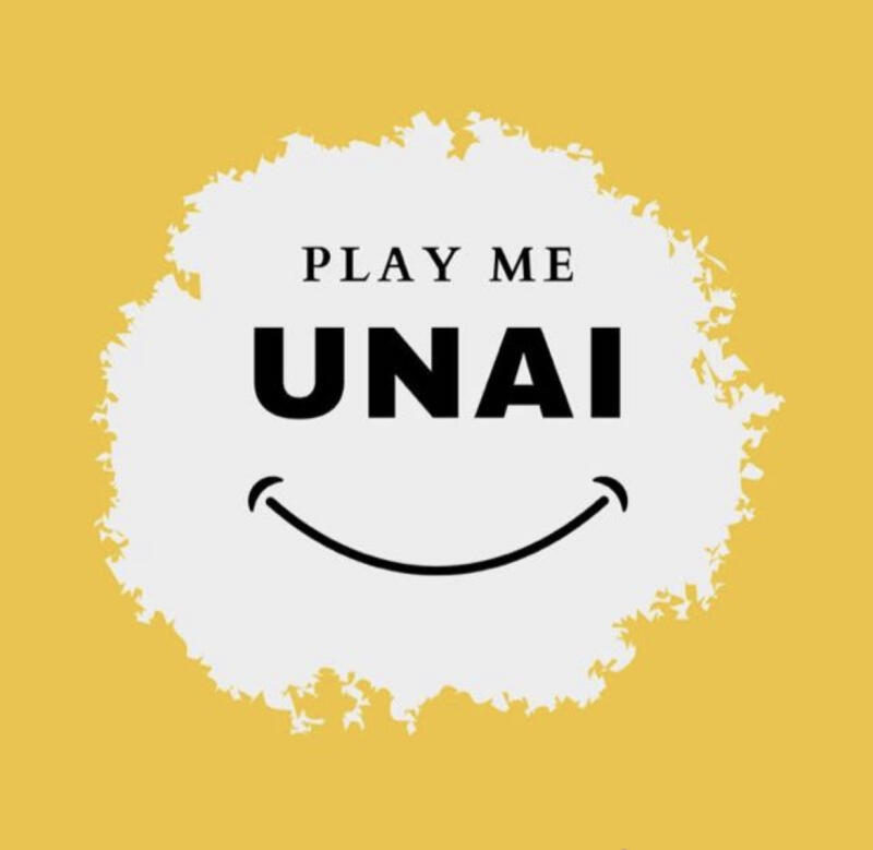 Against a yellow background, there's a white blot with the words "PLAY ME UNAI" in bold, sans-serif font, accompanied by a smiling mouth graphic below the text.