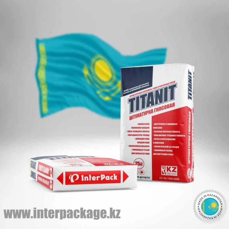 Two packages of "Titanit" plaster mix are displayed against the background of the flag of Kazakhstan; the text on the packages is in Russian and Kazakh, and the website "www.interpackage.kz" is visible at the bottom.