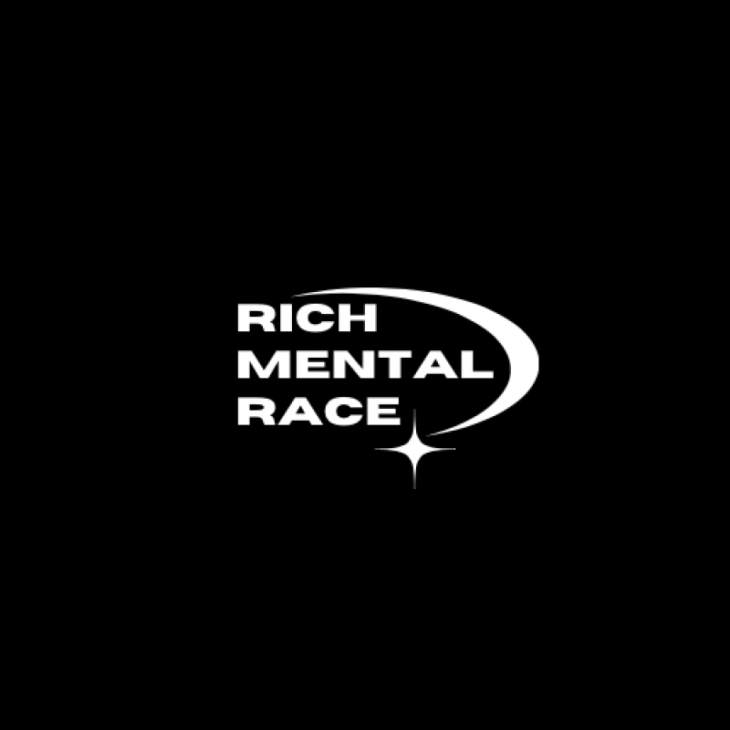 The image features the text "RICH MENTAL RACE" stacked vertically in white, accompanied by a crescent moon shape above and a star below, all set against a black background.