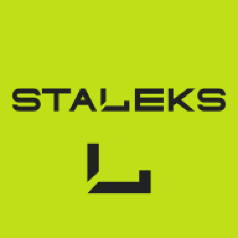 The image features the logo of "STALEKS" in a geometric sans-serif font, with a stylized "L" shape below the text, all in black against a lime green background.