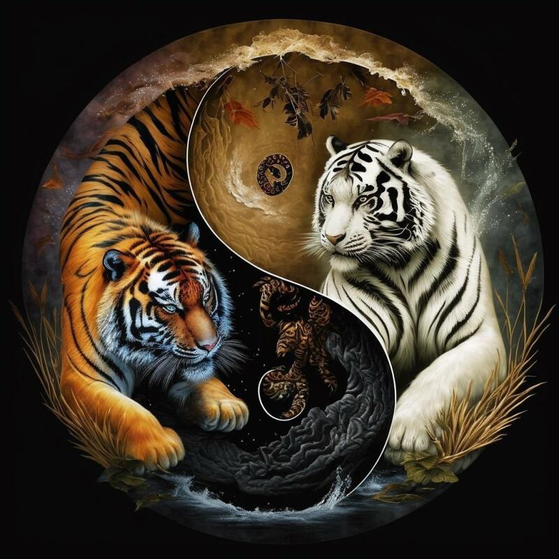 The image shows a Yin and Yang symbol with two tigers, one orange and one white, representing the two halves.