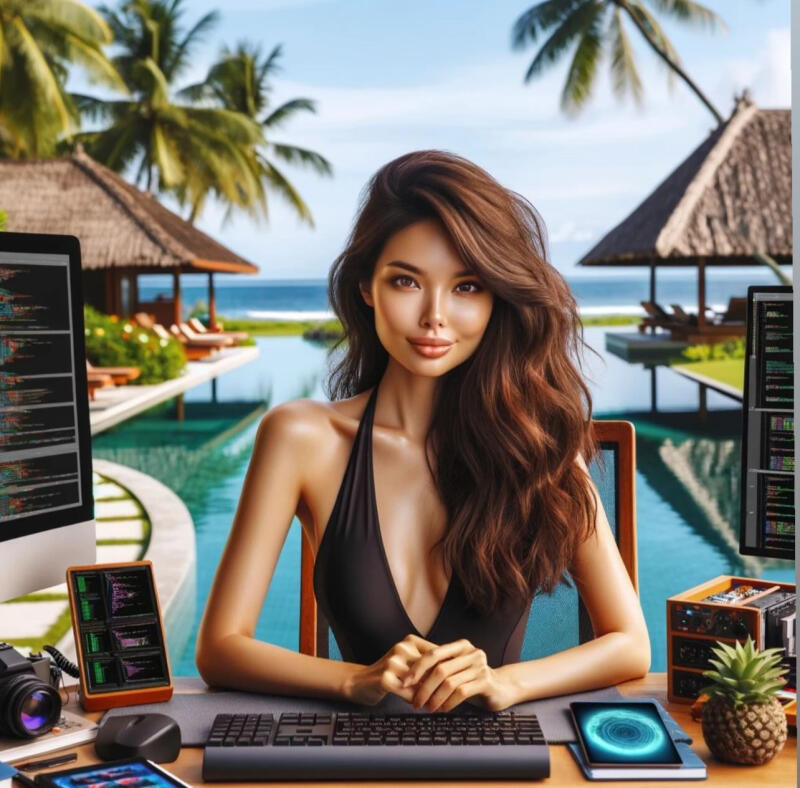 A woman in a black swimsuit sits at a desk with computer screens displaying code, a keyboard, a mouse, and other tech gadgets, with a tropical beach and pool in the background.