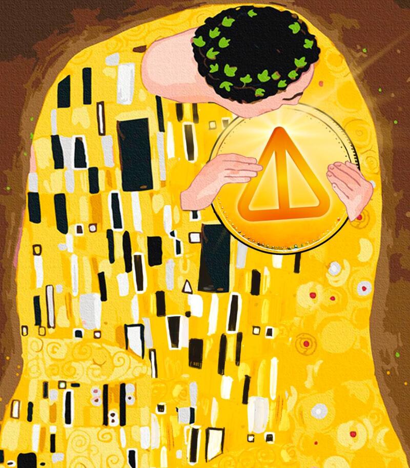A digital art piece that resembles Klimt's "The Kiss," but with the addition of a golden coin bearing an orange triangle held by the figure on the right.