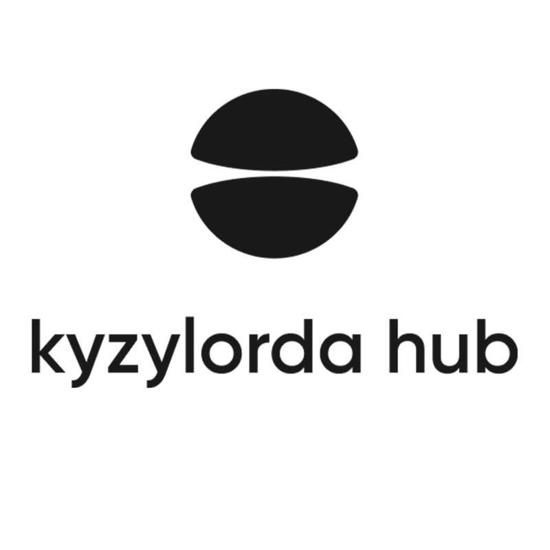 The image features the text "kyzylorda hub" in a sans-serif font, positioned below a black circular graphic divided into two semi-circular shapes.