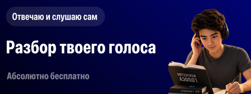 Молодой человек в наушниках занимается учебой, видно текст "Отвечаю и слушаю сам", "Разбор твоего голоса", и "Абсолютно бесплатно".