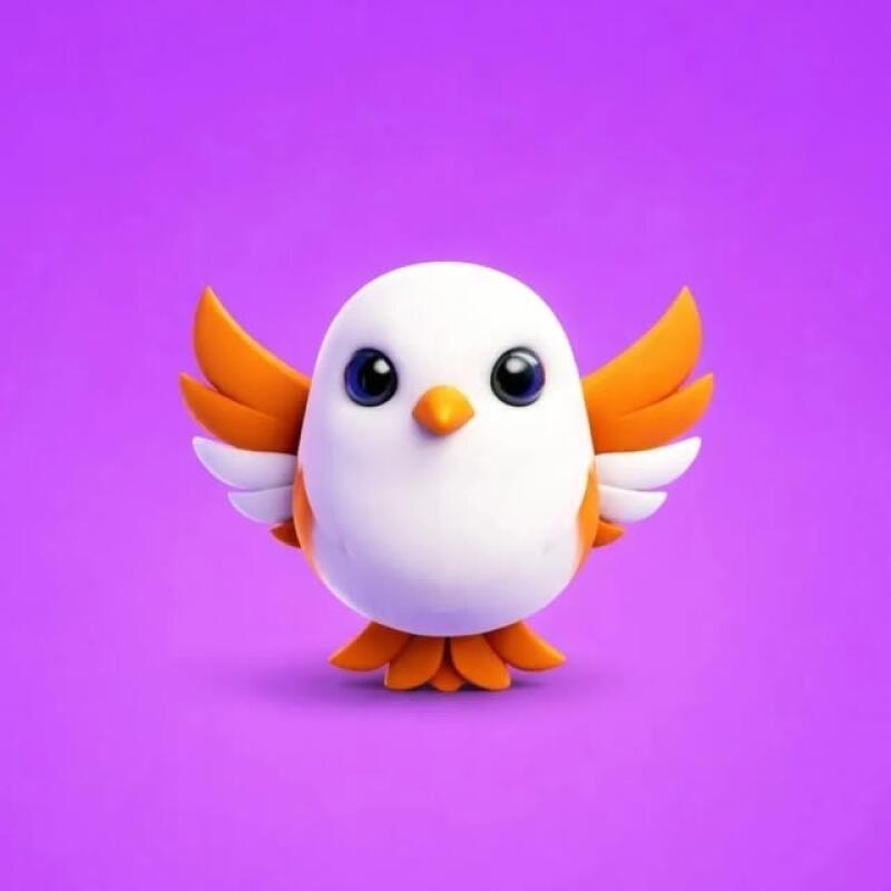 A cartoon bird with white plumage, an orange beak, and orange wings stands against a purple background.