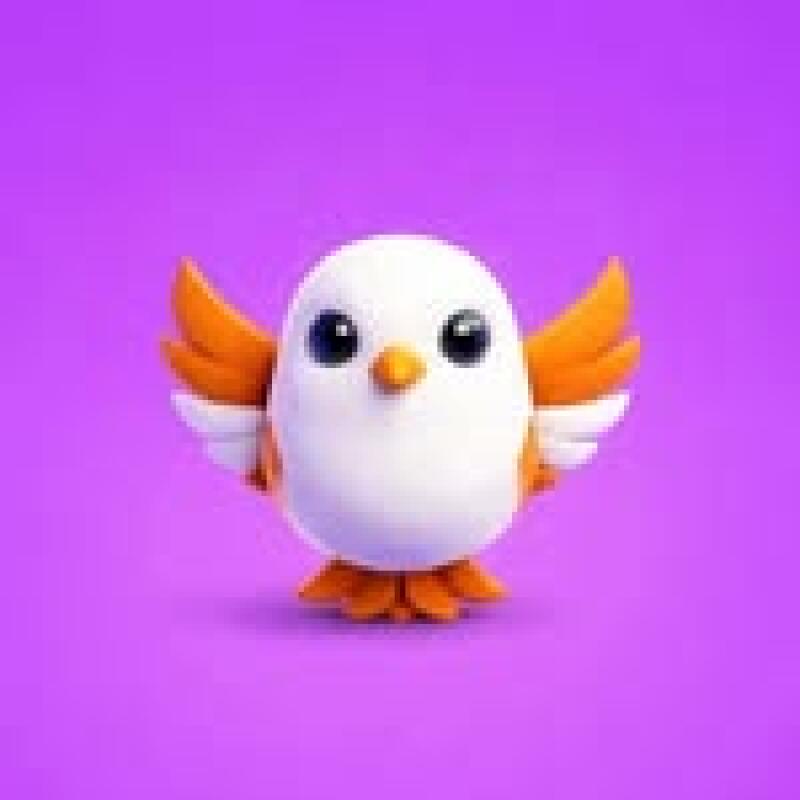 A cartoon-style bird with white body, orange wings and feet, and large black eyes on a purple background.