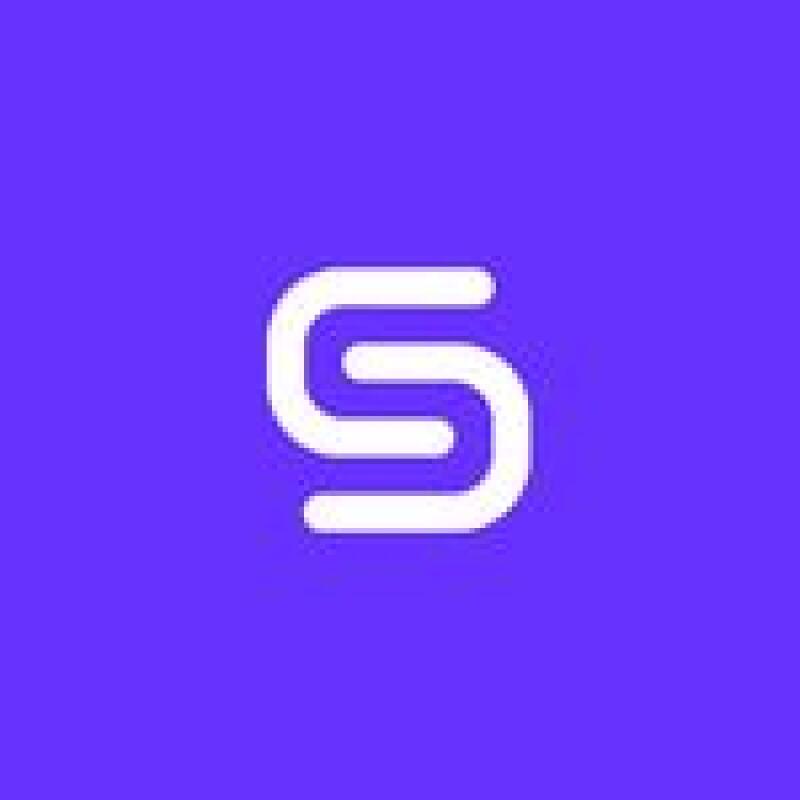 A white stylized letter S on a solid purple background.