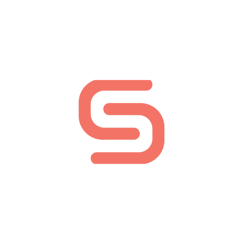 The image features a salmon-colored, stylized 'S' shape inside a white circle on a black background.