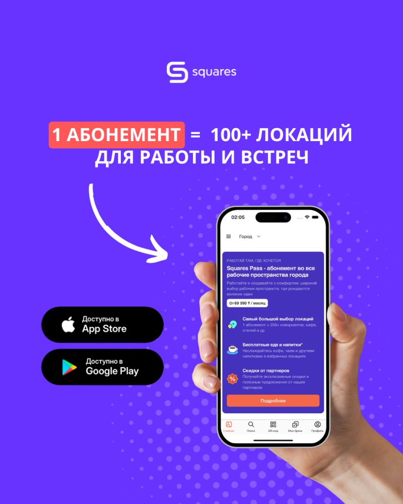A promotional image for "Squares" shows their logo at the top, followed by the text "1 subscription = 100+ locations for work and meetings". Below are icons for downloading the app from the Apple App Store and Google Play. A hand is holding a smartphone displaying the Squares app interface, highlighting benefits such as access to workspaces, food, drinks, and partner discounts.