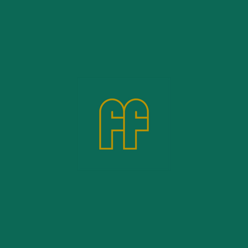 The image features a gold outline of the letters 'FF' on a solid green background.