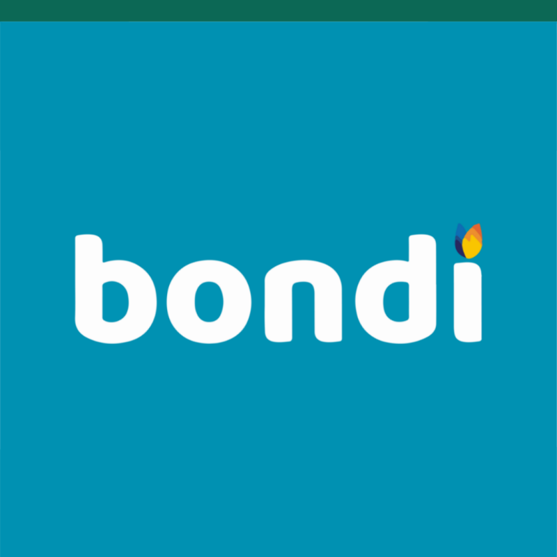 The image displays the word "bondi" in white, set against a blue background, with a stylized flame above the "i".
