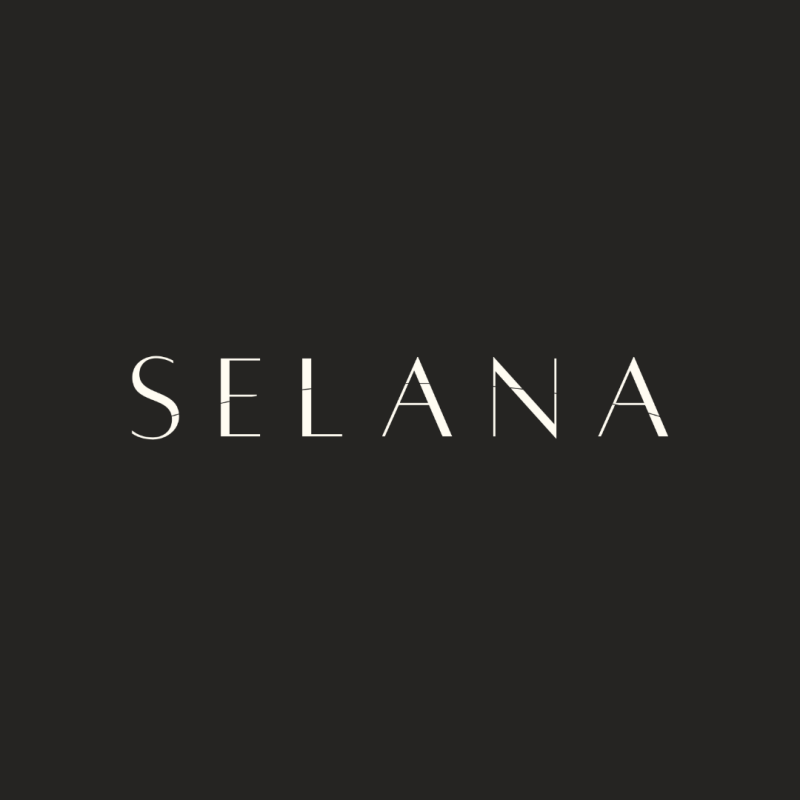 The image shows the word "SELANA" in a serif font, with thin lines connecting the letters, against a dark gray background.