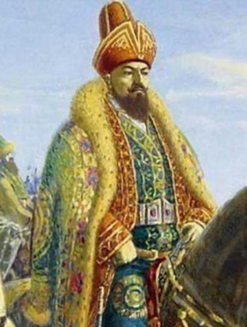 The painting shows a man with a beard and mustache wearing a tall, patterned hat and ornate clothing with fur trim, riding a horse.