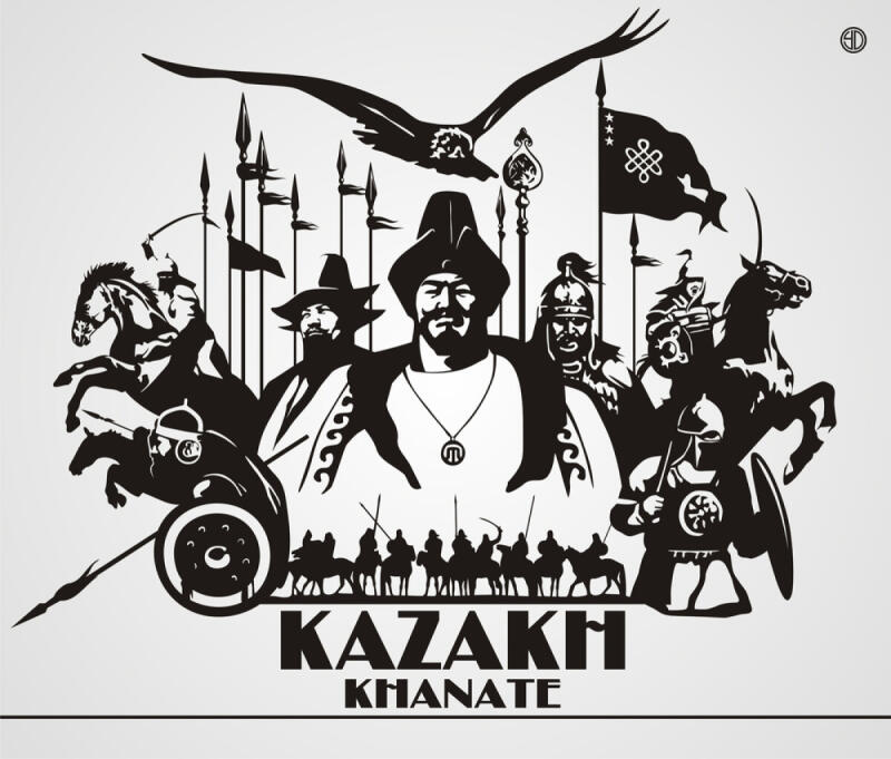 The image is a black and white vector illustration depicting the Kazakh Khanate. It features warriors on horseback, leaders, a flying eagle, a flag, and the text "KAZAKH KHANATE" at the bottom.
