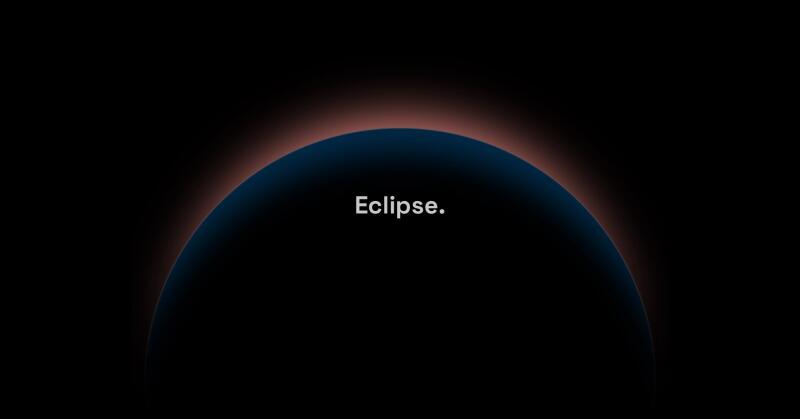 A dark blue sphere is encircled by a red glow against a black backdrop, with the text "Eclipse." displayed in the center.
