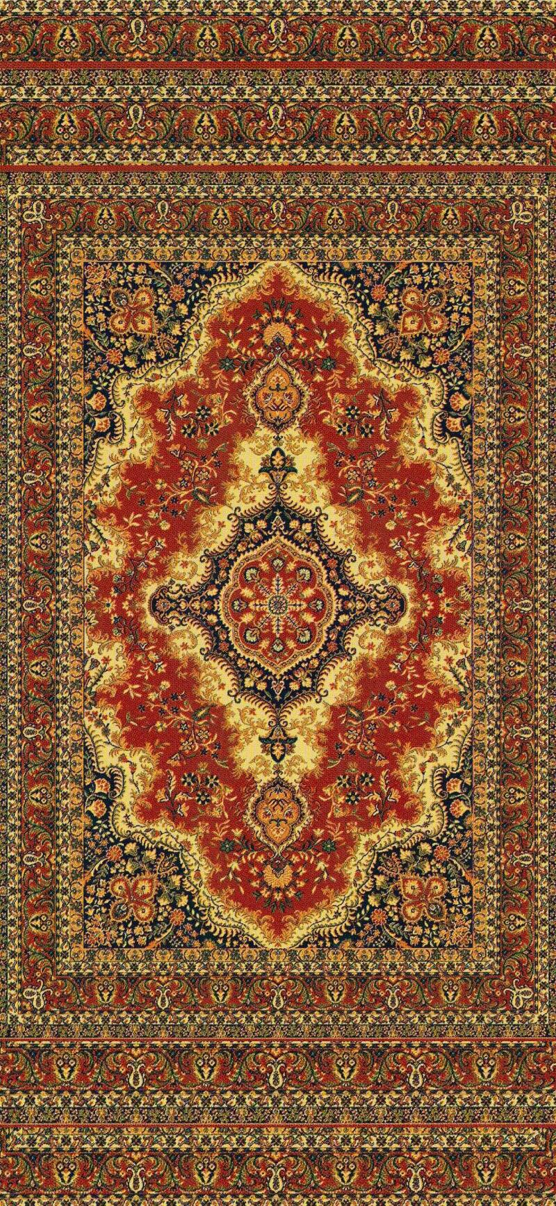 The image shows a traditional Persian rug with a complex floral and geometric pattern in shades of red, yellow, and dark blue.