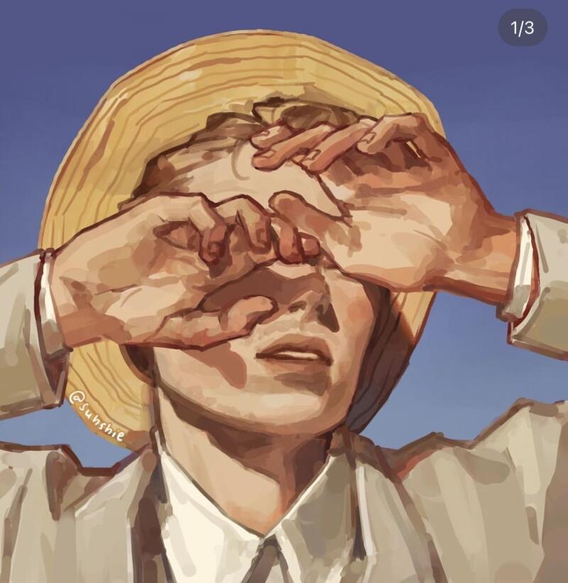 An illustration shows a person wearing a hat and suit, shielding their eyes with their hands against a blue sky. The illustration style is painterly with visible brushstrokes, and the text "@Suhshie" is visible in the bottom left corner.