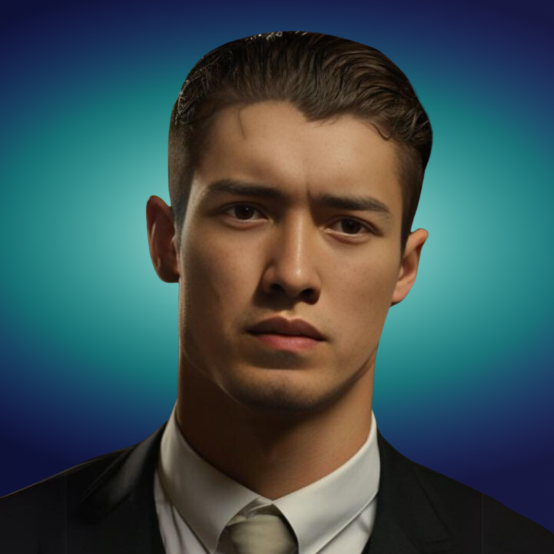 A portrait of a man with a serious expression, wearing a suit and tie, against a gradient blue background.