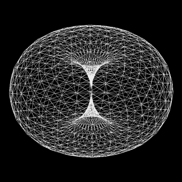 An abstract wireframe of a torus-shaped object against a black background.