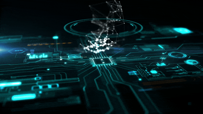 The image features a dark background with glowing turquoise circuit board patterns, digital interfaces, and a three-dimensional network structure above a central microchip.