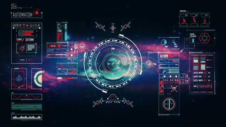 The image shows a complex futuristic interface with various data displays, gauges, and text labels like 'AUTOMATON', 'C/SATURN', 'ENG', 'SATURN', 'ONSTAN', 'HADR COLIDER', and 'ACCEL'. The interface elements are set against a backdrop that resembles a cosmic or nebular background.