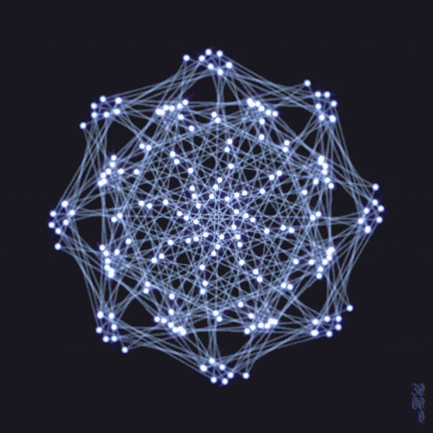 The image shows a complex network of blue lines connecting numerous white dots against a dark background, creating a glowing, crystalline structure.