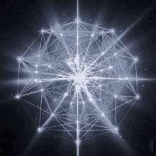 The image shows a complex geometric structure composed of interconnected lines and nodes, radiating light.