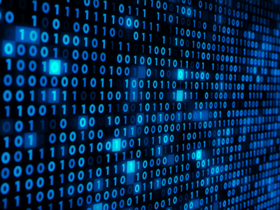 The image features a pattern of blue glowing binary code (0s and 1s) against a dark background, creating a digital or technological aesthetic.