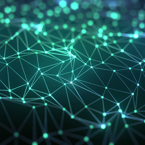 The image features a network of interconnected nodes and lines in shades of teal and blue, creating a futuristic or technological aesthetic.