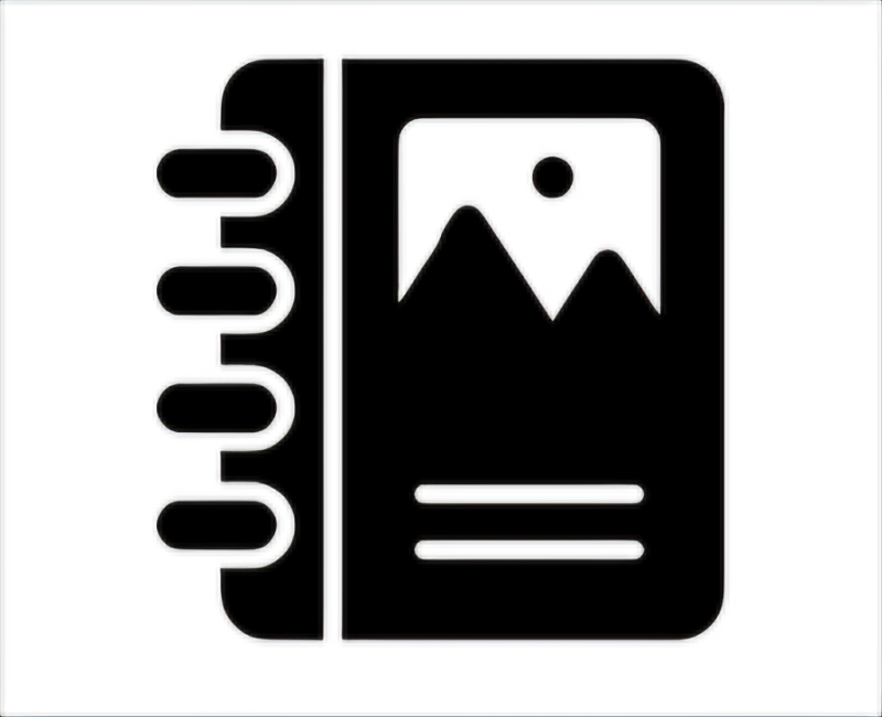 A black and white icon shows a notebook with a mountain landscape on the cover and two horizontal lines below.