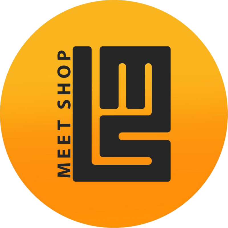 A black, stylized logo resembling the letters 'LS' is on a gradient orange circle, accompanied by the vertically oriented text 'MEET SHOP'.
