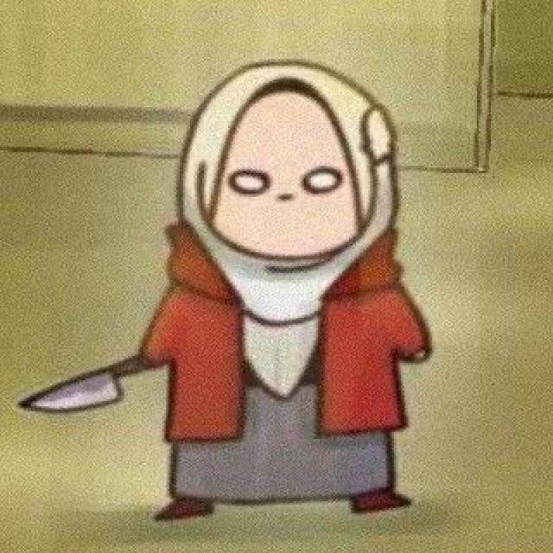A cartoon image shows a character with a white hijab, red jacket, and gray dress, holding a knife with a blank, emotionless face.