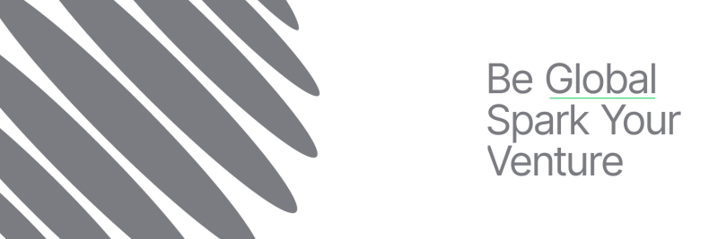 The image displays an abstract grey pattern on the left and the text "Be Global Spark Your Venture" on the right, with a green line under "Global".
