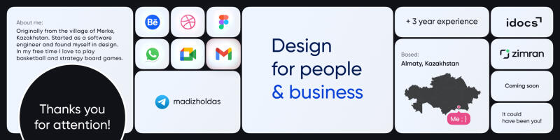 The image is a visual resume, including an 'About Me' section mentioning Merke, Kazakhstan, and a transition from software engineering to design, with hobbies in basketball and strategy board games. It showcases design skills 'for people & business' and includes icons for Behance, Dribbble, Figma, WhatsApp, Google Meet, Gmail, and Telegram (madizholdas), plus experience, location (Almaty, Kazakhstan), and logos for 'idocs' and 'zimran'.